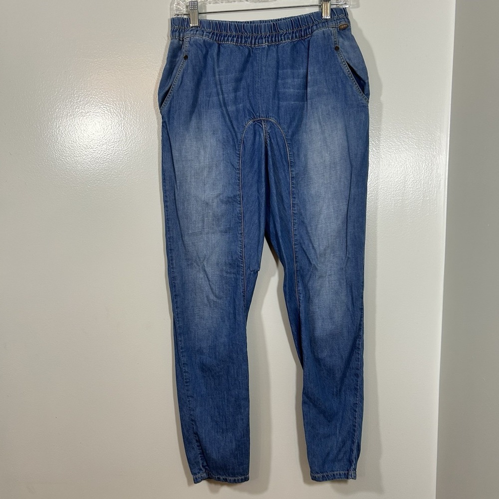 Nikita Denim Jeans Women's Size 27/ 32 Blue Elastic Waist Back Buckle Cinch